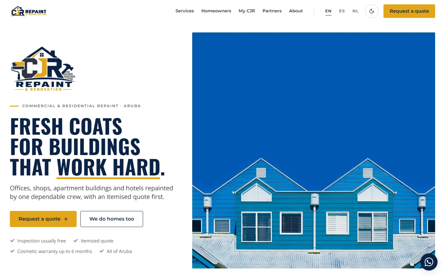 CJR Repaint & Renovation homepage: the headline 'Fresh coats for buildings that work hard' beside a photo of freshly painted blue apartment facades