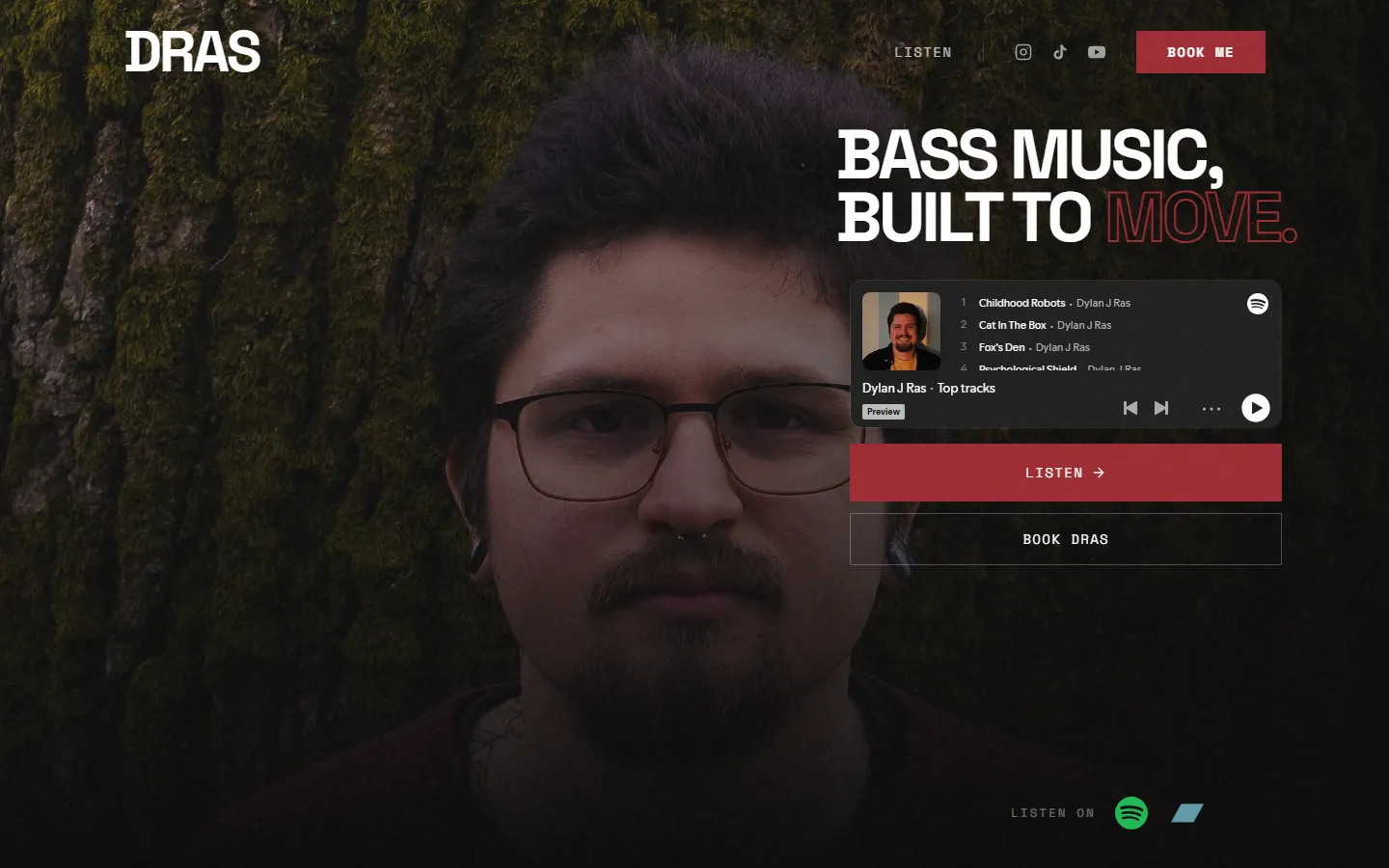 Dras artist homepage: a dark portrait hero reading 'Bass music, built to move' with an embedded Spotify top-tracks player and Listen and Book buttons