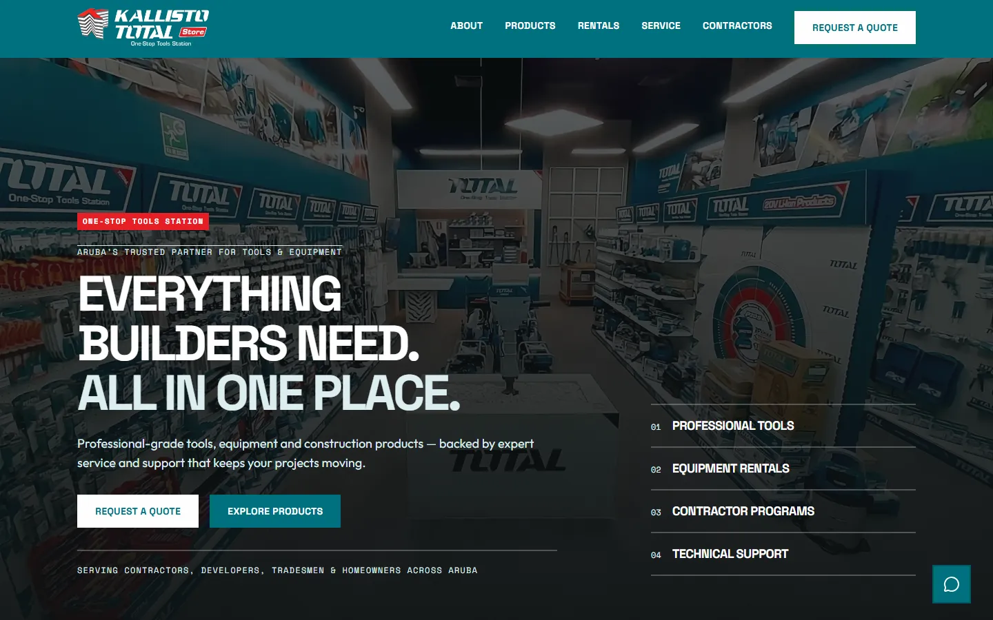 Kallisto Total Store homepage: 'Everything builders need. All in one place.' over a photo of the tool store interior, with a numbered list of departments