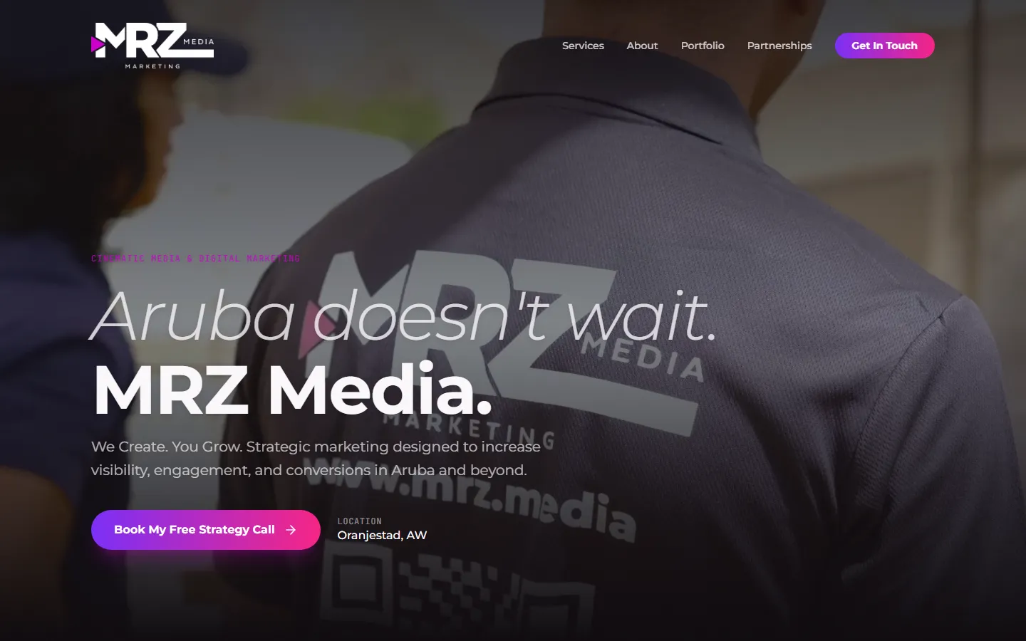MRZ Media homepage: 'Aruba doesn't wait. MRZ Media.' over a photo of a branded crew shirt, with a Book my free strategy call button